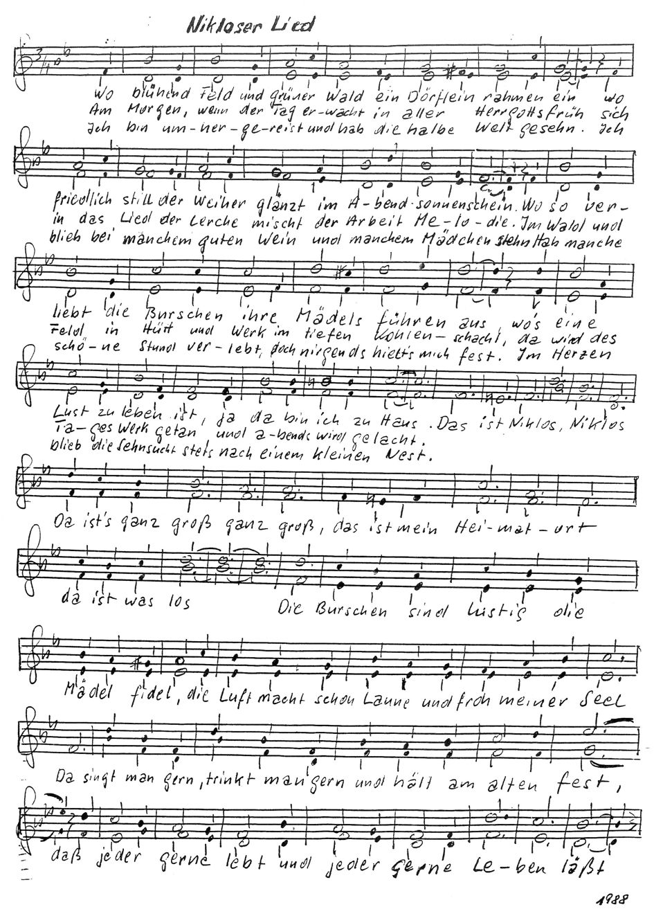 Die Noten des Niklooser Liedes, komponiert von Alfons Zieder